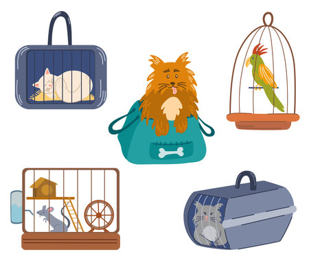 Pets sitting in a travel bag. Animals in a bag and pet cage, carriage of dogs, cats, red and parrot. Transportation of animals. Vector cartoon illustrationのイラスト素材