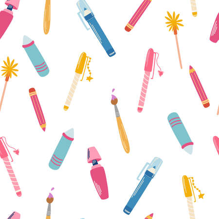 Handles and pencils seamless pattern. back to school background. Stationery for writing, study and work. Perfect for textile, wrapping paper, package. Vector cartoon illustration.のイラスト素材