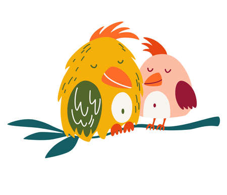 Parrots are a couple in love. Cute cartoon love bird. exotic birds. Great for children cards, prints and greeting cards. Isolated vector clip art illustration.のイラスト素材