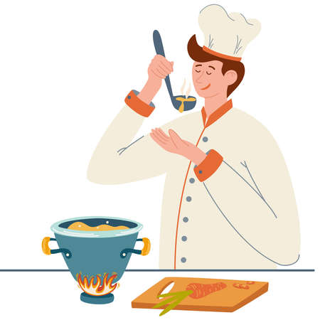 male chef. Happy guy wearing hat and chef uniform cooks soup. Soup pot, ladle and chopping board. Cooking. Perfect for printing restaurant menus and apps. Hand Drawn flat Vector illustration.のイラスト素材