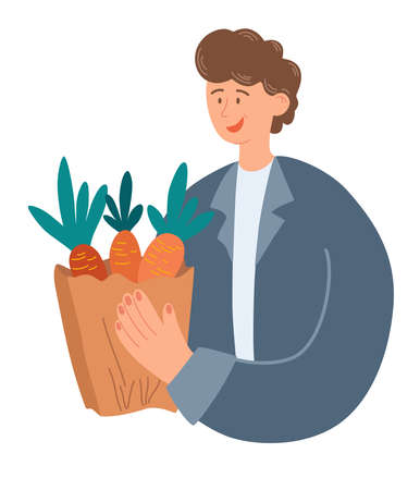Young man holding package with fresh vegetables. Smiling man with carrot veggie, portrait. Shopping in the store, food delivery to your home and restaurant. fresh organic products. vector illustrationのイラスト素材