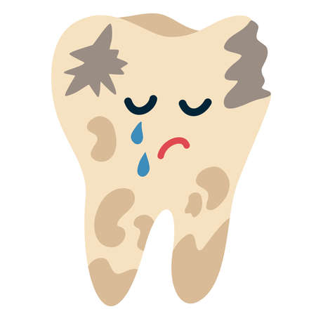 Tooth with caries. Sad cartoon tooth with a disease and a hole. dental care. For children instructions on brushing teeth, printing and booklets. vector hand draw illustrationのイラスト素材
