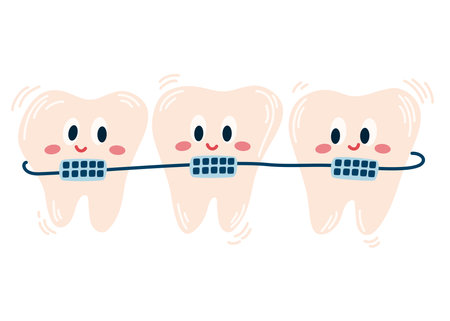 Teeth with braces. cute cartoon teeth with braces. dental care. Perfect for printing pediatric dentistry and textbooks. Vector Hand draw illustration isolated on the white background.のイラスト素材