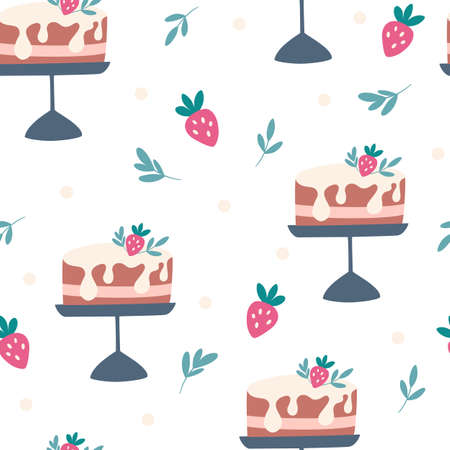 Cake seamless pattern. Strawberry cake. sweet food background. Printing on fabrics, labels, diary covers and other. Hand Drawn Cartoon Vector illustrationのイラスト素材