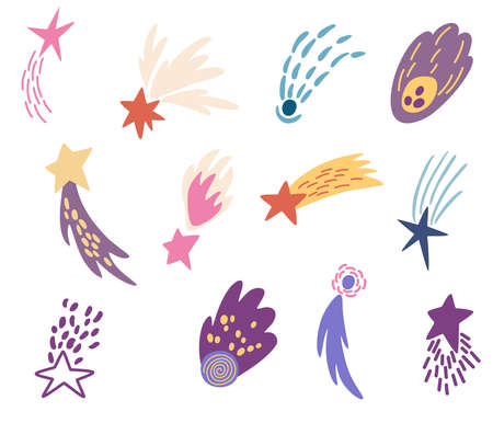 shooting stars set. Comet tail or star trail. Meteorite, space. Vector Hand draw illustration isolated on the white background.のイラスト素材