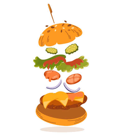 Hamburger. fast food. Tasty hamburger with meat patty, cheese, salad, onion, tomatoes and cucumbers. Ingredients. Perfect for restaurant menus printing and animation. vector cartoon illustrationのイラスト素材