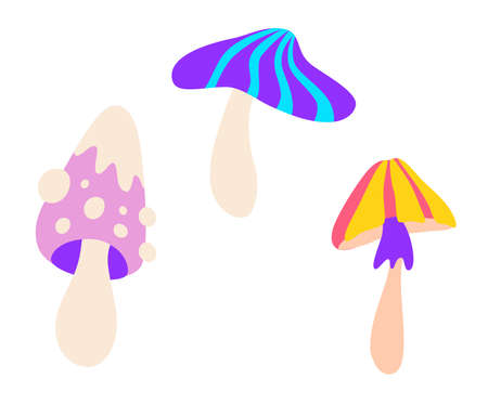 Mushroom set. Collection of colorful hallucinogenic mushrooms. Perfect for printing, textiles, wrapping paper. hand drawn vector illustrationのイラスト素材