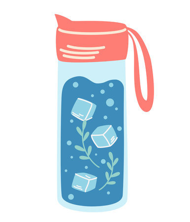 water bottle. Concept detox drink, drinking water in a thermos, glass bottle. Ice water. Refreshing summer drink. Healthy lifestyle daily habits, wellness, morning rituals. vector illustrationのイラスト素材