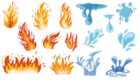 Fire and water set. Flames of different shapes. Different Water Drops. Vector cartoon illustration isolated on the white background.のイラスト素材