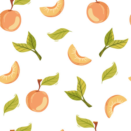 Apricot fruit seamless pattern. Rise garden plant whole and half piece with stem and kernel. Juicy natural fruit healthy. Perfect for wallpaper, fabric, interior decor. Vector cartoon illustrationのイラスト素材