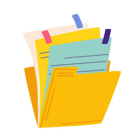 Folder with documents. Employment business and finance. Hiring. Folder of documents with paper sheets and sticky notes. Vector cartoon illustration isolate on a white background.のイラスト素材