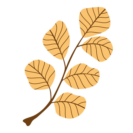 Branch with autumn leaves. Flat botany element. Modern fall seasonal decor. Floral silhouettes graphic design. Vector hand draw illustration isolated on the white background.のイラスト素材