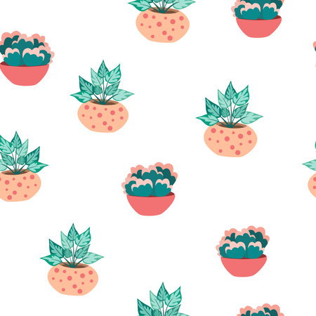 Potted house plant seamless pattern. Foliage houseplant growing in flowerpot. Green leaf decoration for home interior. natural indoor decor. Hand draw vector illustration isolated on white backgroundのイラスト素材