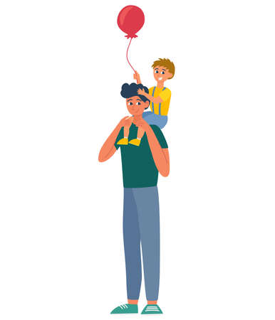 father and son. Young man holds a child with a balloon in his arms. The concept of family rest and love. Vector flat illustration isolated on the white background.のイラスト素材