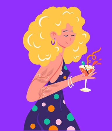 Girl with a cocktail in her hands. Young woman in evening dress at a party. character of female. Festival. Perfect for invitations banners posters and the web. Vector flat illustration.のイラスト素材