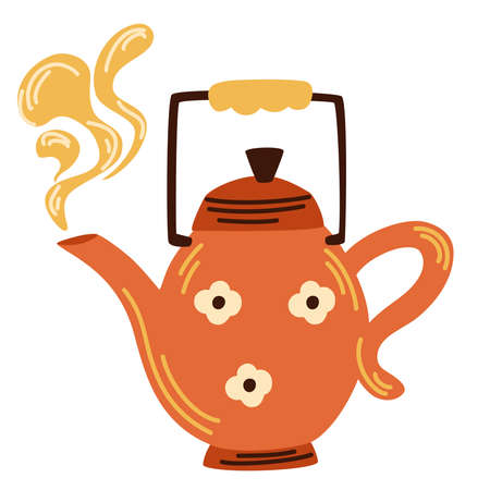 teapot. Vintage tea kettle with hot steam. kitchen appliances. Vector illustration of the logo for a ceramic teapot, teapot on the white background.のイラスト素材