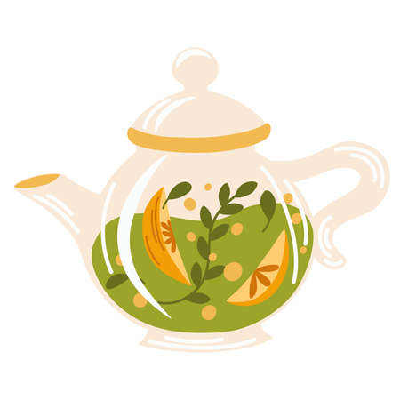fruit tea. Mug with tea berries and leaves. Hot natural drink for health. Pharmacist of natural wellness poster, organic, herbal tea, orange slices and herbs. Vector cartoon illustrationのイラスト素材