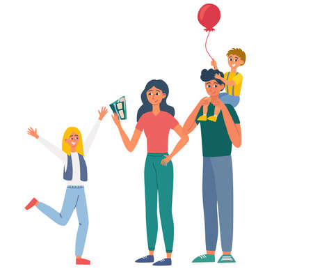 happy family. Mother, father, daughter and son. holiday. people profile. Perfect for social media and business presentations, user interface, applications and interfaces. vector flat illustrationのイラスト素材