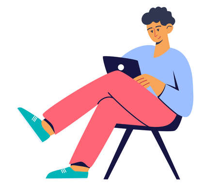 Man is working at a computer. business communication concept. young guy is sitting in a chair with a tablet. Freelance, business, work, student. Trendy flat vector illustration isolatedのイラスト素材