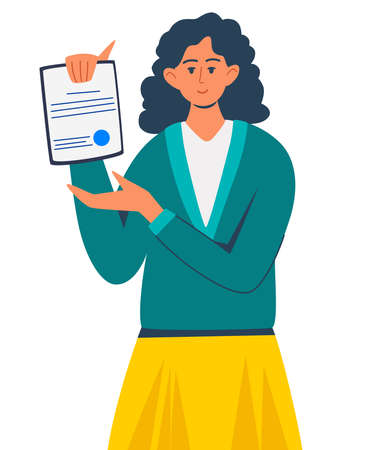 Woman holds a folder with documents. female office worker. user and data archive. Database, searching info. business communication concept. Trendy flat vector illustrationのイラスト素材