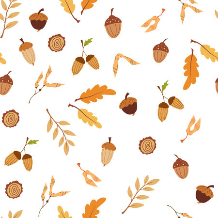 Seamless pattern with acorns. autumn background. Stylized oak leaves and acorns. Perfect for wallpaper, gift paper, pattern fill, web page background, autumn greeting cards. cartoon vector texture.のイラスト素材
