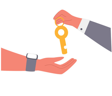 Hands giving keys. real estate concept. realtor. Sale of real estate, apartments, houses, cars. Modern cartoon flat style vector illustration isolated on the white background.のイラスト素材