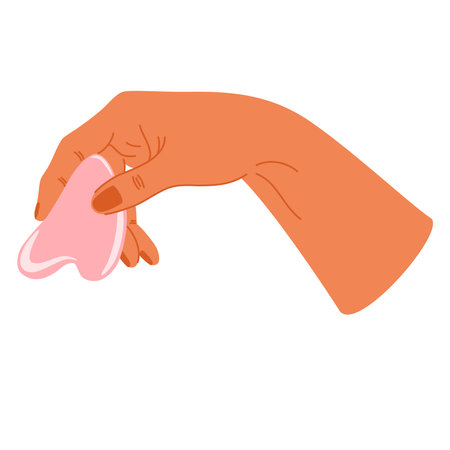 Women's hands holding cosmetic product. Quartz face roller, gua sha scraper. facial massage. Daily skin care routine and hygiene concept. vector illustrationのイラスト素材