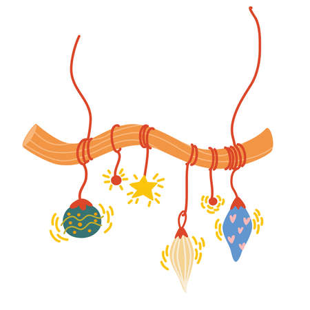 Christmas garland with lanterns. Colored garland for interior decoration, holiday and New Year. Hand drawn vector illustration isolated on the white background.のイラスト素材
