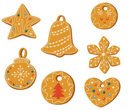 Gingerbread cookies set. Christmas sweets collection. Winter homemade sweets in the shape of a bell, snowflake, snowman, heart, star. Hand drawn vector illustrations isolated on the white background.のイラスト素材