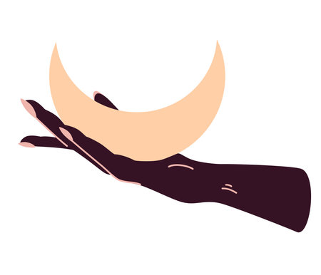 Magical female hands holding the moon. Alchemy esoteric mystical magic heavenly talisman with a female hand. The object of spiritual occultism. isolated vector illustrationのイラスト素材