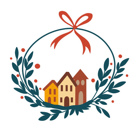 Christmas wreath. Decor for New Year Christmas and holiday. Wreath with holly berries, mistletoe, pine and fir branches, cones, rowan berries. Hand drawn illustration isolated on the white backgroundのイラスト素材