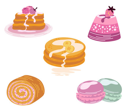 Dessert set. Sweet food, pancakes, strawberry macaroni pie, cakes with banana and berries. healthy eating. breakfast. Perfect for printing, poster, menu and restaurant. vector flat illustrationのイラスト素材