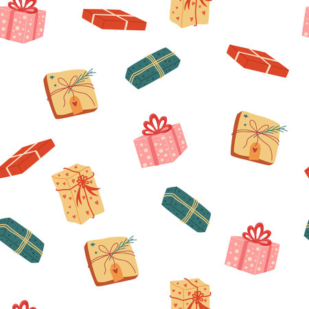Christmas gifts seamless pattern. Colored garland for interior decoration, holiday and New Year. Perfect for wallpaper, scrapbooking and prints. vector illustrationのイラスト素材