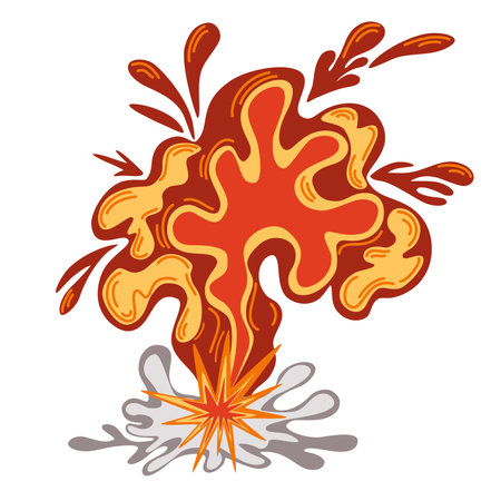 explosion. Cartoon dynamite or bomb explosion, fire. Boom clouds and smoke element. Dangerous explosive detonation, Atomic bomb explosion. Vector hand draw illustration.のイラスト素材