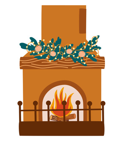 Christmas fireplace. Home fireplaces with socks, stockings, gifts, candles, firs and Xmas decoration. Warm cozy hearths with winter holiday decor. Flat vector illustrations isolated on whiteのイラスト素材