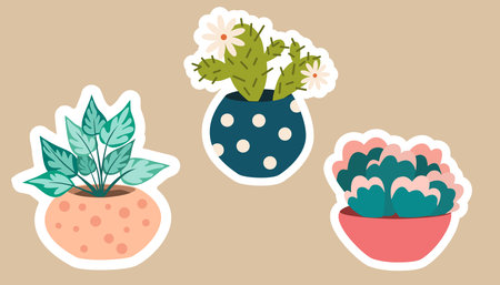 house plants stickers. Set of hygge tropical patee succulent plants stickers. Cozy lagom style collection of plants in cartoon style. Hand draw vector bundle.のイラスト素材
