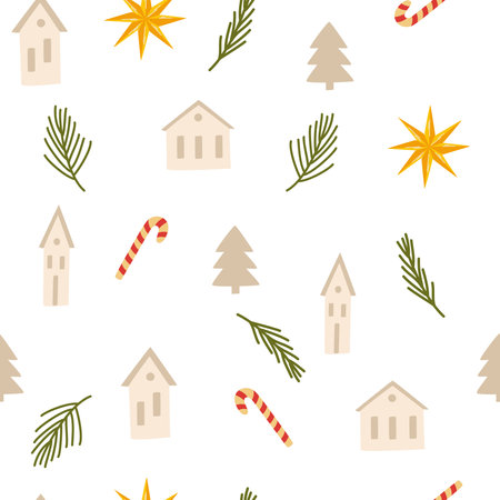 Christmas elements seamless pattern. Winter Background, kids wallpaper for fabric, textile, clothes, paper, fabric, scrapbooking, planner. New Years traditional holidays symbol. vector illustrationのイラスト素材