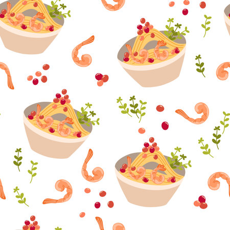 Ramen noodle seamless pattern. Asian food background. Perfect for restaurant cafe and print menus. Vector hand draw cartoon illustration.のイラスト素材