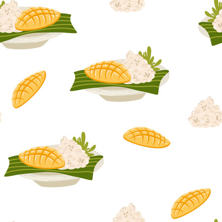Rice with mango seamless pattern. Asian food background. Poke bowl with rice, egg, meat, fish, shrimp and seaweed. Perfect for restaurant cafe and print menus. Vector hand draw cartoon illustration.のイラスト素材