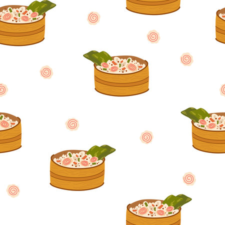 Poke bowl seamless pattern. Asian food background. Poke bowl with rice, egg, meat, fish, shrimp and seaweed. Perfect for restaurant cafe and print menus. Vector hand draw cartoon illustration.のイラスト素材