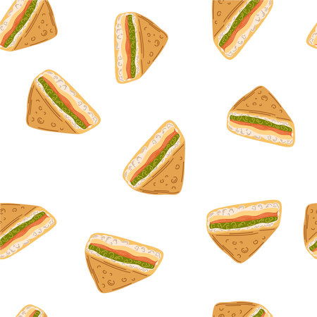 Sandwich with omelet seamless pattern. Asian food background. Perfect for restaurant cafe and print menus. Vector hand draw cartoon illustration.のイラスト素材