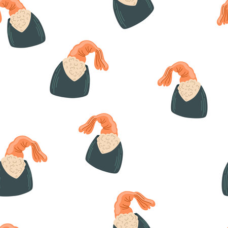 Onigiri with shrimp. seamless pattern. Asian food background. Perfect for restaurant cafe and print menus. Vector hand draw cartoon illustration.のイラスト素材
