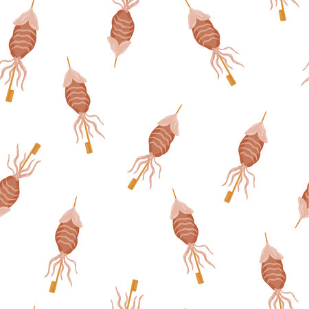 Squid on a stick seamless pattern. Asian food background. Perfect for restaurant cafe and print menus. Vector hand draw cartoon illustration.のイラスト素材