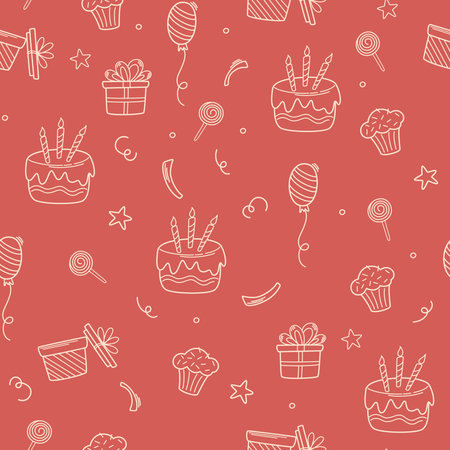 Birthday seamless pattern. party decorative items. Birthday cream cakes, gift boxes, garlands. Hand drawn background for a party, holiday for children, festival. vector cartoon illustration.のイラスト素材