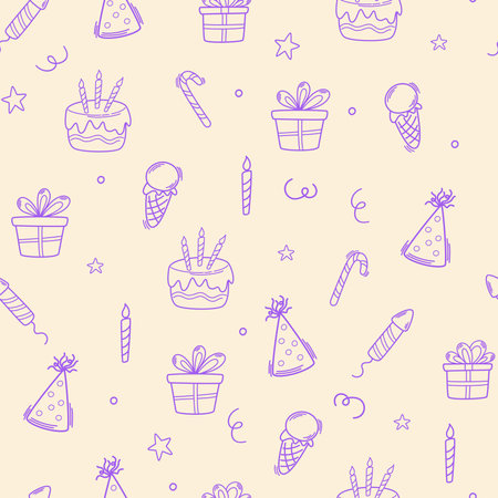 Birthday seamless pattern. party decorative items. Birthday cream cakes, gift boxes, garlands. Hand drawn background for a party, holiday for children, festival. vector cartoon illustration.のイラスト素材
