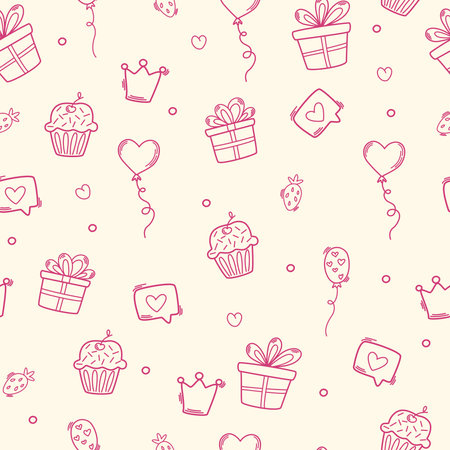 Birthday seamless pattern. party decorative items. Birthday cream cakes, gift boxes, garlands. Hand drawn background for a party, holiday for children, festival. vector cartoon illustration.のイラスト素材