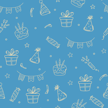 Birthday seamless pattern. party decorative items. Birthday cream cakes, gift boxes, garlands. Hand drawn background for a party, holiday for children, festival. vector cartoon illustration.のイラスト素材