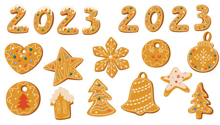 Gingerbread cookies set. Christmas sweets collection. Winter homemade sweets in the shape of a bell, snowflake, snowman, heart, star. Hand drawn vector illustrations isolated on the white background.のイラスト素材