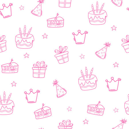 Birthday seamless pattern. party decorative items. Birthday cream cakes, gift boxes, garlands. Hand drawn background for a party, holiday for children, festival. vector cartoon illustration.のイラスト素材