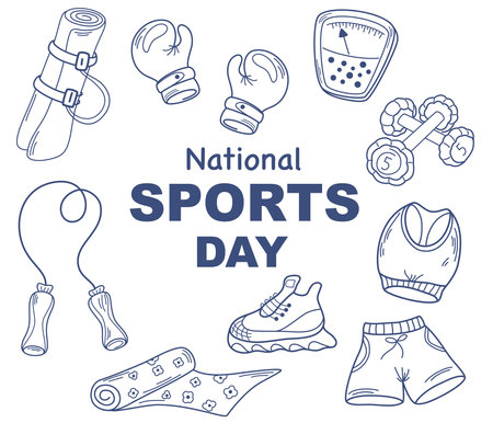 Sports day banner. Text with Sport equipment, sportswear, boxing gloves, dumbbells, sneakers, a player and a fitness bracelet. Vector cartoon illustration.のイラスト素材
